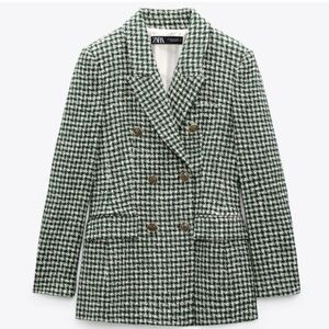 Zara Ecru/Green Houndstooth Lapel Collar Double Breasted Blazer Kate Middleton S
